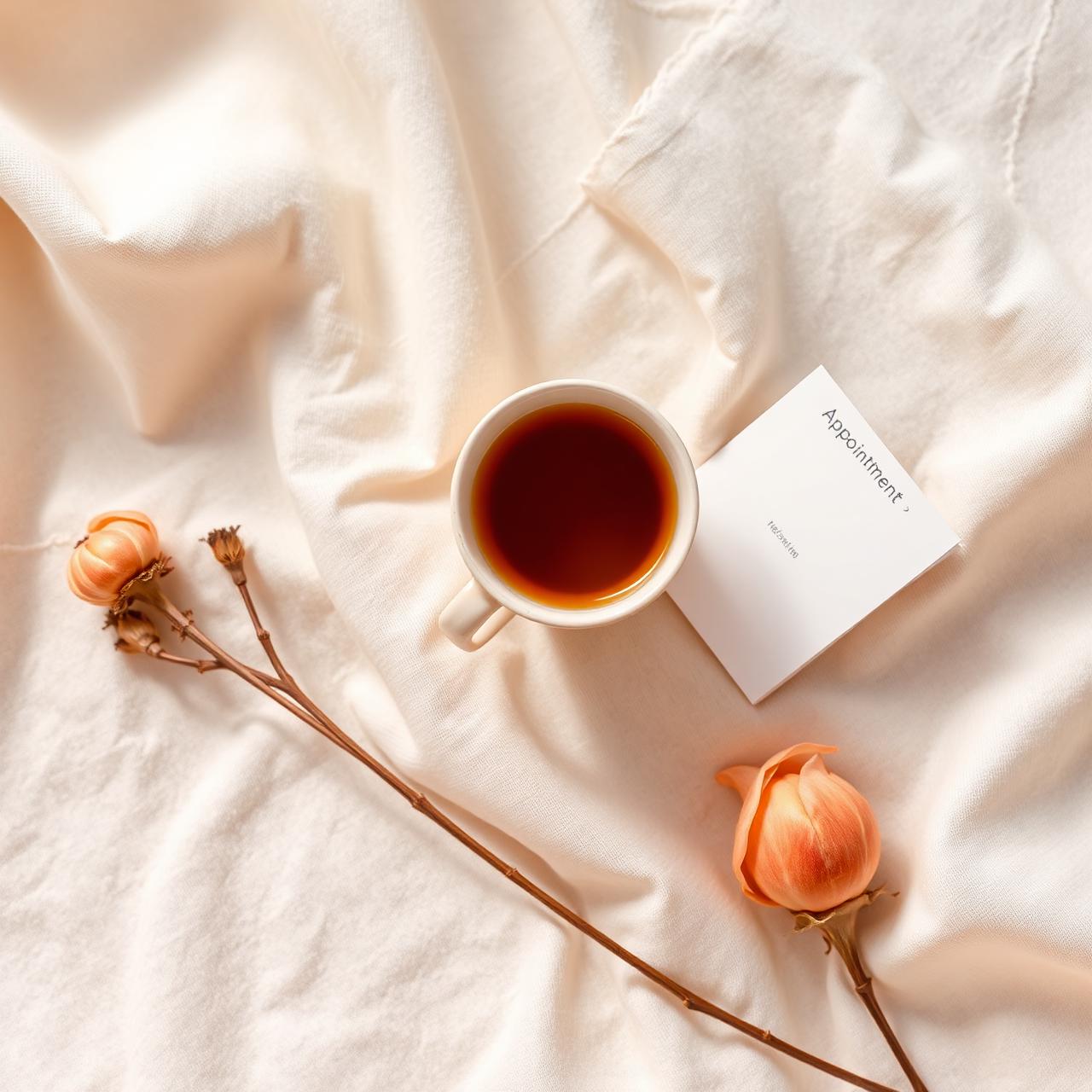 Cream linen still life with tea and appointment card