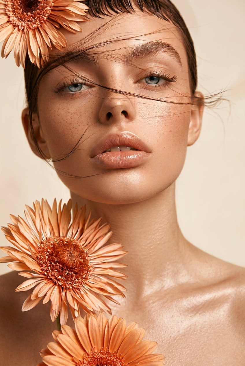 Editorial beauty portrait with warm beige flowers and natural skin